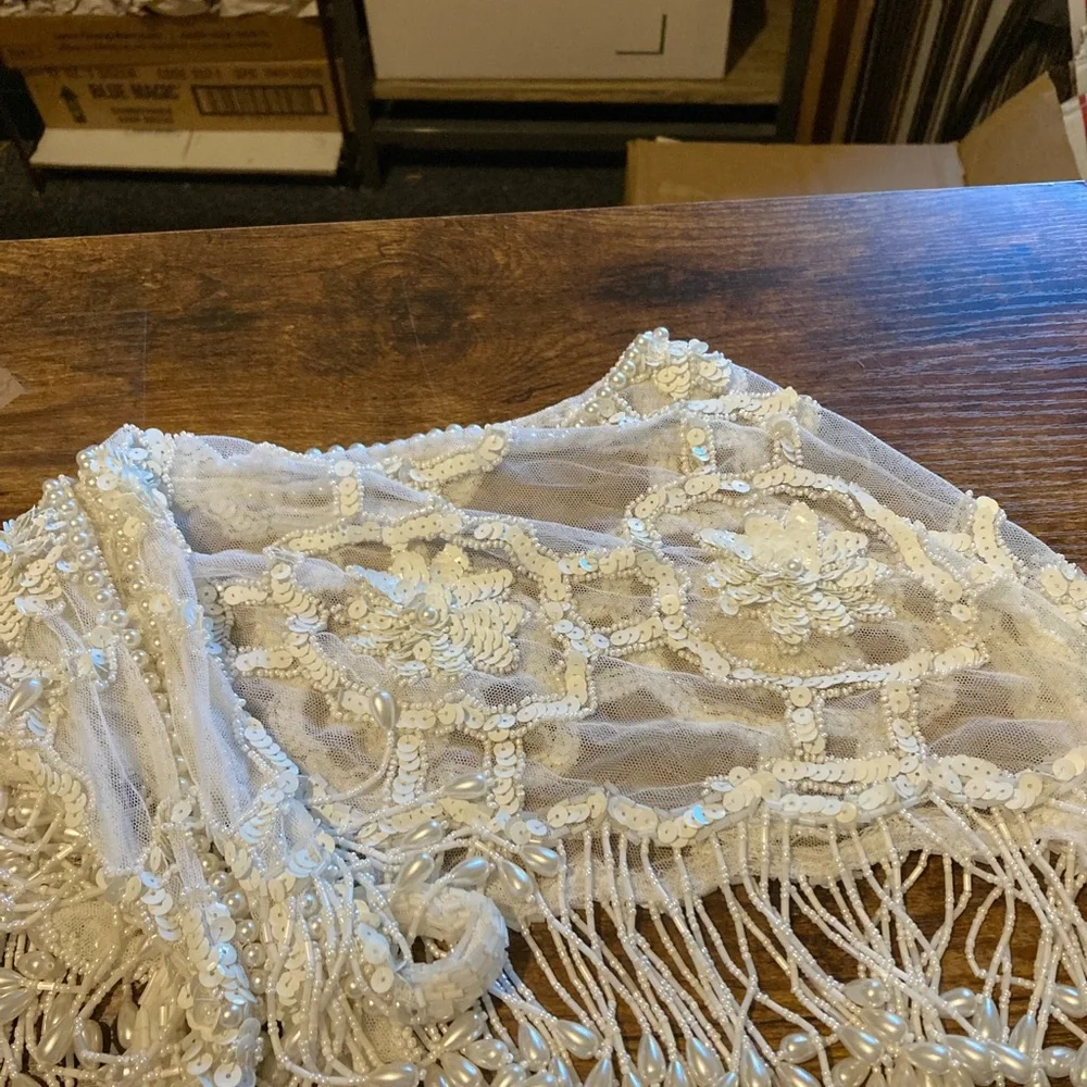 Source Unknown Ivory Beaded Fringe Bridal Shawl Scarf
